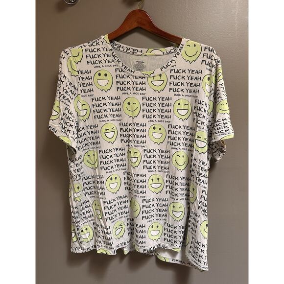 Women’s MeUndies Modal Crew Tee - Beige & Neon Green Smileys Loungewear Sz - XL - Picture 1 of 4